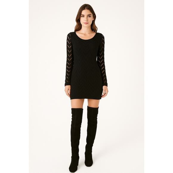 Free People Wild Thing Black Crochet Chevron Knit Mini Dress L Long Sleeve Chic - Picture 2 of 8